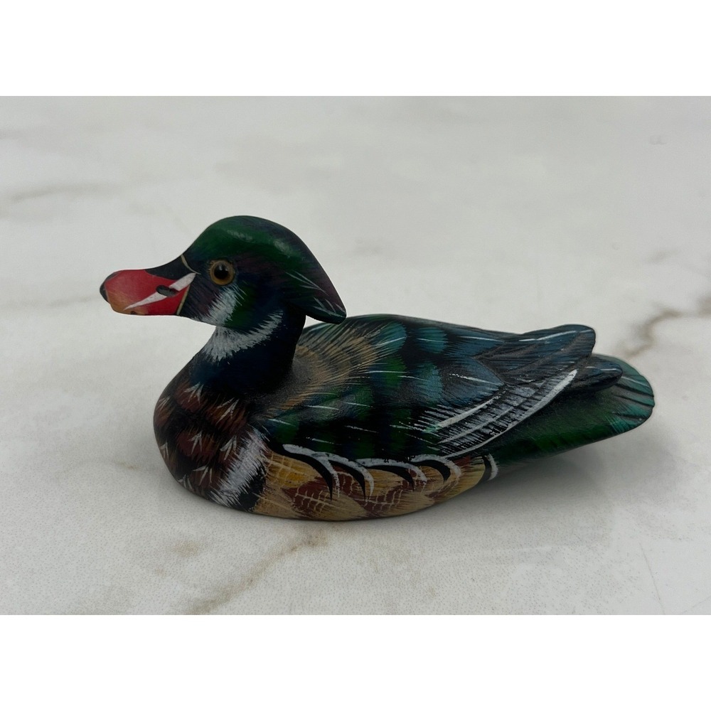 Hand Painted Wooden Wood Duck Drake Figurine Miniature Decoy Bird Decor